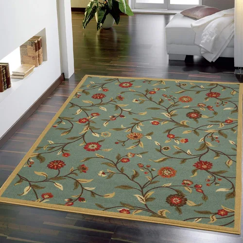 Vista 46 de Ottomanson, colección OttoHome, tapete para corredor con diseño azul claro y damasco (antiderrapante), parte trasera de goma Floral Beige