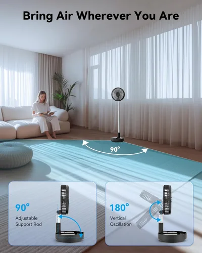 Vista 5 de Ventilador portátil oscilante de viaje, 10400mAh, funciona con pilas, recargable por USB, ventilador de piso, mesa, escritorio con control remoto, 4