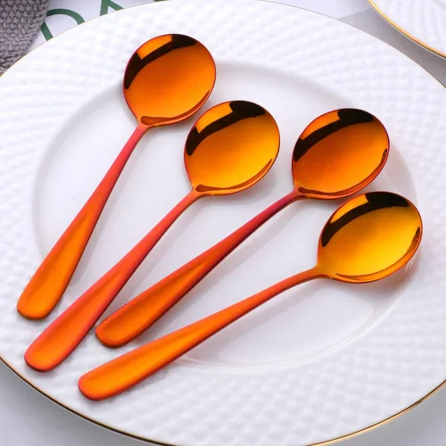 Vista 4 de Baikai - Cucharas de sopa de 7 pulgadas, cucharas de caldo con acabado de acero inoxidable 18/10, juego de 6 cucharas de cena (rojo mágico)
