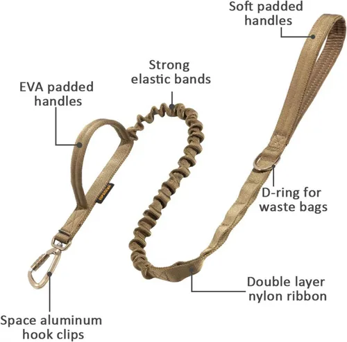 Vista 4 de EXCELLENT ELITE SPANKER Correa táctica militar para perro, clips de gancho de aluminio espaciales, correa elástica para perro con 2 asas de control