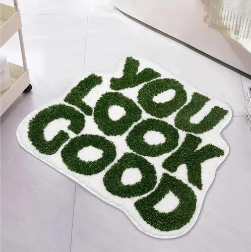 Vista 12 de Alfombra de baño con texto en blanco y negro con texto en inglés "You Look Good", divertida y bonita, decoración de baño, pequeña, fresca