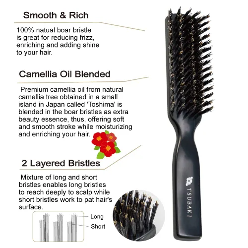 Vista 2 de Generic Cepillo de pelo de cerdas de jabalí natural [fabricado en Japón] con aceite de camelia, cerdas suaves [cepillo para el cabello], calidad