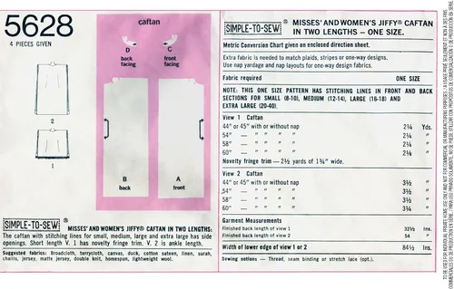 Vista 3 de Simplicity UV5628OS Kit de patrón de costura para caftan vintage de moda de los 1970 para mujer, código 5628, tallas 8-40