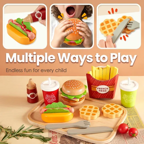 Vista 3 de Juego de Comida de Simulación para Cocina Infantil, Juego de Hamburguesas de Comida Rápida de Madera, Juguetes de Comida para Cocina de Simulación