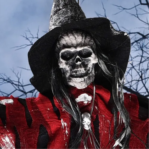 Vista 3 de JIAHG Decoraciones de Halloween, esqueleto colgante animado fantasma con ojos rojos brillantes activados por sonido de voz aterradora fiesta