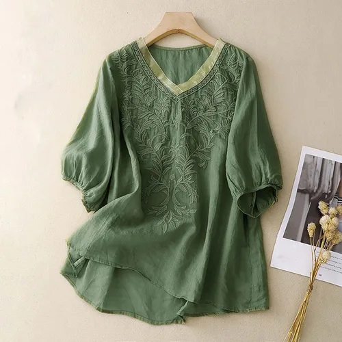 Vista 2 de Blusas de lino de algodón para mujer, elegantes botones de media manga, color sólido, cuello redondo, blusa suelta casual, C-verde