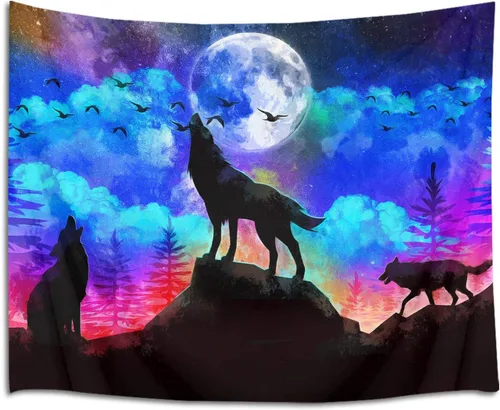 Vista 14 de HVEST Tapiz de lobo, tapiz de bosque psicodélico, tapiz para colgar en la pared, tapices de luna, animales salvajes, decoración de habitación, manta
