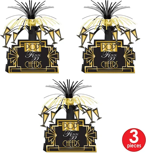 Vista 4 de Beistle Centros de mesa de 3 piezas de decoración de los años 20 para suministros de fiesta temática de Gatsby de los años 20, celebrando contigo