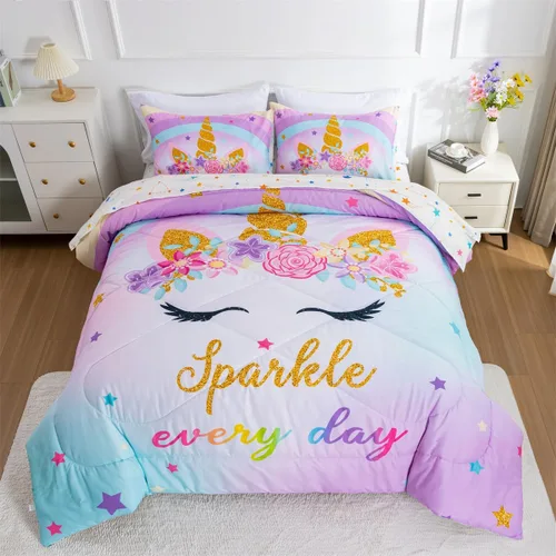 Vista 2 de NTBED Juego de edredón individual de unicornio con sábanas, juego de ropa de cama individual de 5 piezas para niñas, microfibra ligera, arcoíris