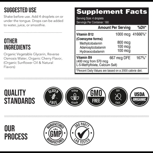 Vista 7 de BioActive Vitamina B12 1000 mcg Contiene 3 formas bioactivas B12 Plus metilfolato Cofactor - Metilo B12, adenosilo B12 e hidroxi B12