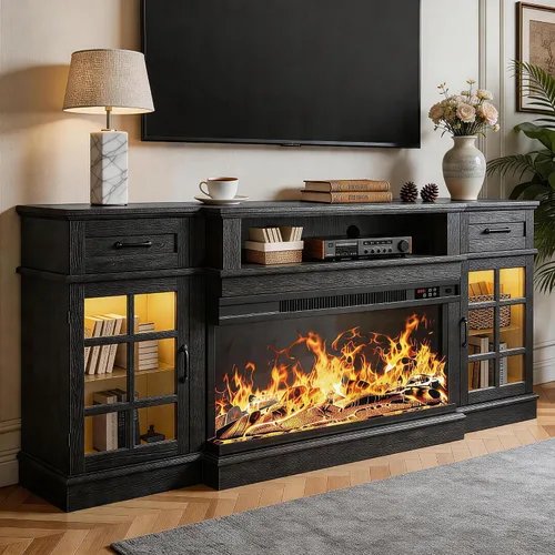 Vista 10 de MXV Soporte de TV con chimenea de 70 pulgadas, chimenea de vidrio de 3 lados y centro de entretenimiento moderno, consola multimedia de madera
