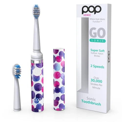 Vista 2 de Cepillo de dientes eléctrico Pop Sonic (burbuja morada) Paquete de 2 cabezales de repuesto - Cepillos de dientes de viaje con batería AAA Cepillos