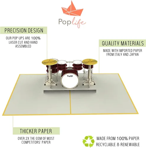 Vista 7 de PopLife Kit de batería 3D Pop Up Card – Tarjeta de cumpleaños de músico, fiesta de jubilación, día del padre, regalo de banda de rock, graduación