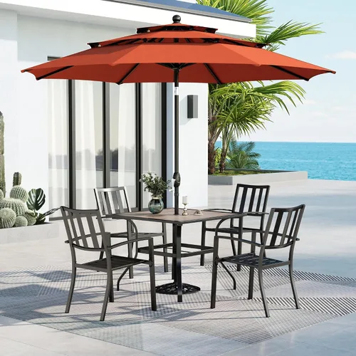 Vista 34 de MFSTUDIO Juego de mesa de comedor para patio al aire libre con paraguas, 4 sillas giratorias y 1 x 37 cuadrado Bistro forjado Iorn Slat mesa grande