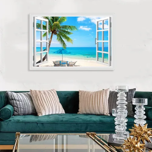 Vista 4 de Woxfcart Arte de pared de palmera de playa, imagen de escena del océano con impresiones de ventana para decoración de sala de estar azul y verde