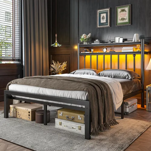 Vista 14 de Homkdom Base de cama de metal de tamaño individual con luces LED inteligentes y cabecera de almacenamiento de 2 niveles, base de colchón resistente