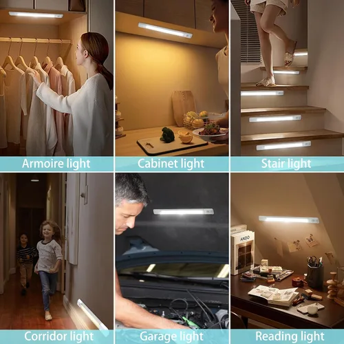 Vista 7 de BIGMONAT Luz nocturna LED con sensor de movimiento, luces inalámbricas recargables por USB para debajo del gabinete, barra de iluminación magnética