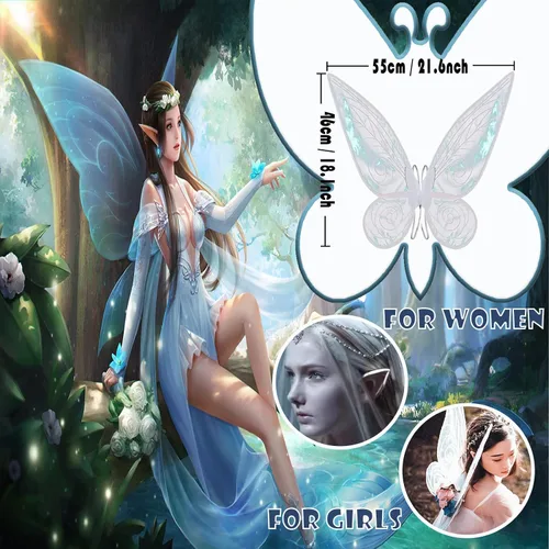 Vista 2 de Lulupia Alas de hadas blancas para adultos disfraz de hada de mariposa juego de alas de ángel con orejas de elfo para mujeres niñas y niños Blanco