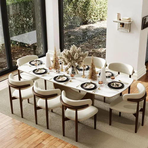 Vista 21 de POVISON Juego de mesa de comedor para 4, mesa rectangular negra de piedra sinterizada mate de 63 pulgadas con base de acero al carbono bronce, silla