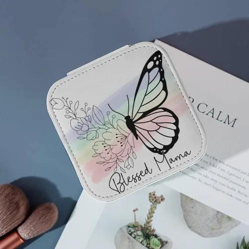 Vista 4 de Regalos para el día de la madre, organizador de joyas de viaje con diseño de mariposa Blessed Mama, joyero de viaje, caja organizadora de joyas