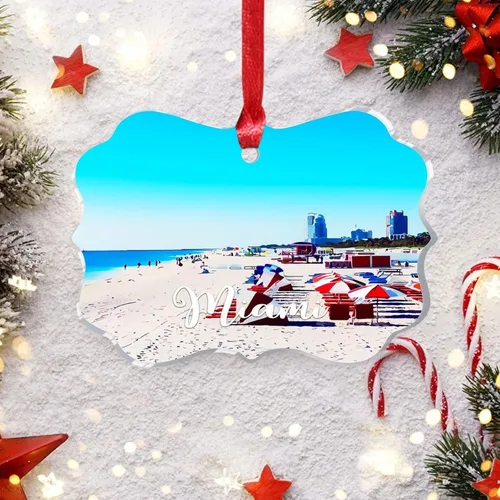 Vista 6 de Florida USA - Adorno de Navidad personalizado 2023 Miami Beach Downtown Cityscape Adornos para árboles de Navidad, acrílico viaje, país, ciudad
