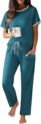 Vista 8 de Ekouaer - Conjunto de pijama de 100% algodón para mujer, manga corta, con pantalón largo, 2 piezas, juego de ropa para dormir con bolsillo