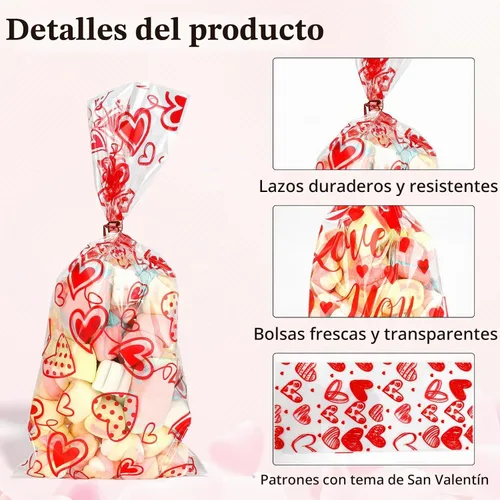 Vista 4 de Bolsas de dulces de San Valentín, 200 piezas de bolsas de celofán de San Valentín, bolsas de plástico transparente rojo para dulces, galletas