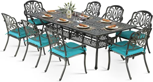 Vista 34 de VIVIJASON Juego de comedor al aire libre de 9 piezas, juego de mesa y sillas de patio de aluminio fundido para 8, incluye mesa rectangular de 94.5