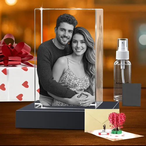 Vista 27 de Marco de Fotos Personalizado de Cristal 3D Rectangular Pequeño (Horizontal) – Premium: Base LED Multicolor, Envoltorio para Regalo y Tarjeta 3D