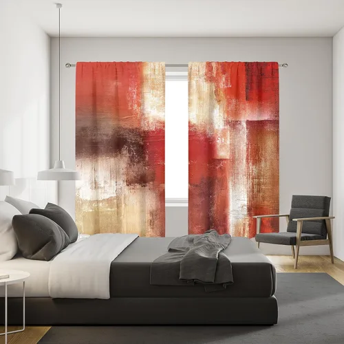 Vista 5 de MESHELLY Cortinas Rojas Abstractas 42Wx63H Pulgadas Bolsillo para Varilla Bloques Rústicos Borgoña Marrón Pintura al Óleo Casa de Campo Dormitorio