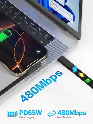 Vista 3 de YACSEJAO Paquete de 2 cables de carga bidireccionales USB C a USB C de 65 W Negro