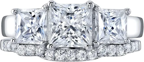 Vista 3 de Peora Anillo de compromiso y alianza de boda de 3 piedras de moissanita de 2.75 quilates para mujer, plata de ley 925, color D-E, claridad VVS