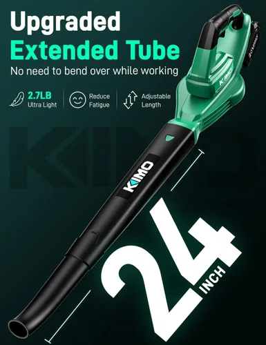 Vista 6 de KIMO - Soplador de hojas inalámbrico con batería y cargador, paquete de 2 baterías, tubo de extensión, velocidad variable de 20000 RPM, soplador