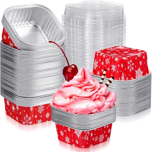 Vista 8 de 100 piezas de tazas de aluminio para Navidad, contenedor de cupcakes de papel de aluminio con tapas, 5 onzas, molde cuadrado de papel de aluminio
