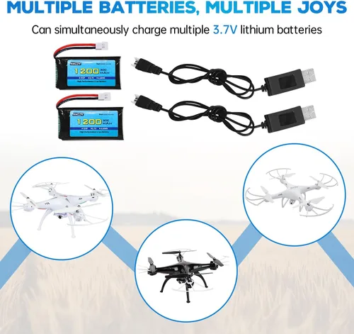 Vista 2 de Batería Lipo de 3.7 V 1200 mAh 30C con cable de carga USB, enchufe Molex para SYMA X5SW X5SC X5SC-1 KY601S RC Drone Accesorios de batería de litio