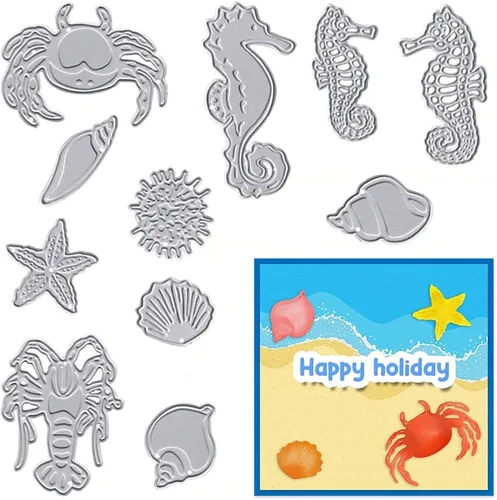 Vista 4 de Hying Troqueles de metal de animales marinos, delfín y estrellas de mar para hacer tarjetas, tortuga de concha, pulpo, troqueles de animales