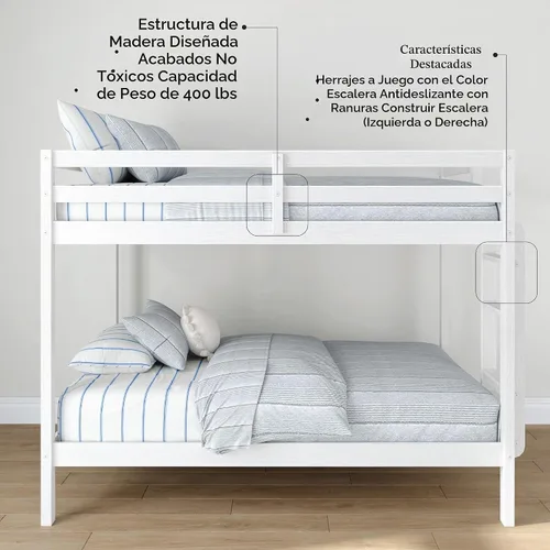 Vista 3 de Grain & Grove - Litera de dos camas con oso, estructura de litera resistente para niños, litera de madera contrachapada con escalera, barandilla