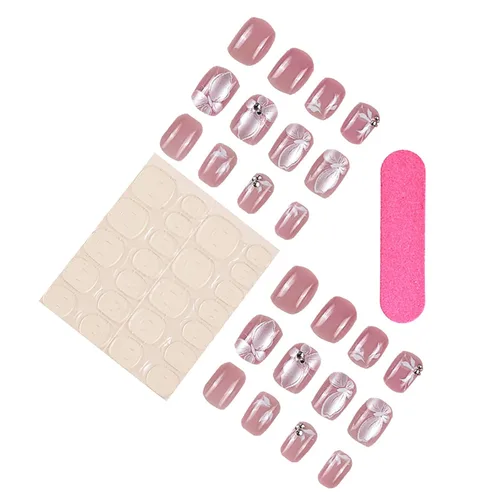 Vista 4 de 24 uñas postizas cortas a presión, color rosa RTKHFZE con diseño de mariposa blanca y diamantes de imitación, uñas postizas cuadradas de cobertura