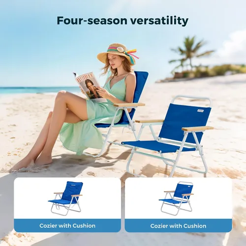 Vista 4 de SUNNYFEEL Silla de playa plegable, respaldo de silla de playa con reposabrazos y cojín de madera, silla de campamento ligera resistente para playa