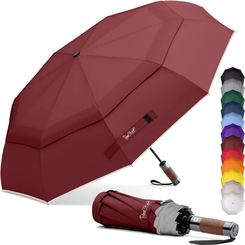 Vista 17 de Royal Walk Paraguas plegable resistente al viento, viaje compacto y fuerte, lujoso, mango de madera real, apertura y cierre automático, doble toldo