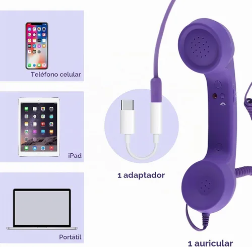 Vista 3 de Auricular retro para teléfono, auricular de teléfono para teléfono celular tipo C con conector de 0.138 in, receptor de teléfono móvil, micrófono