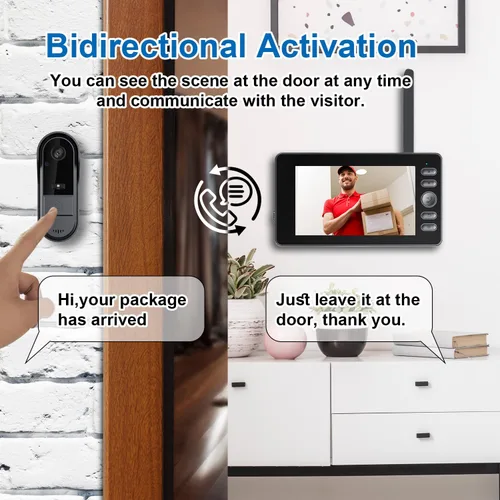 Vista 3 de TKMARS Timbre de puerta inalámbrico sin suscripción, activación bidireccional e intercomunicador, IPX65 impermeable, video 1080P, pantalla de 4.3