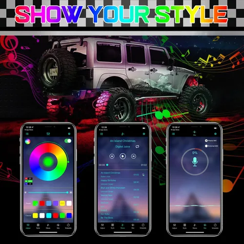Vista 8 de SWATOW - Juego de luces de neón de 4 x 4 pulgadas, luces de roca RGB LED, luces subterráneas con control Bluetooth, luces multicolor para ruedas