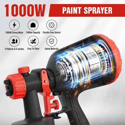 Vista 2 de EWORK Pulverizador de pintura de 1000 W HVLP pistola de pintura eléctrica, 180 Din/s, sin adelgazamiento, capacidad de 47.3 fl oz, 4 boquillas y 3