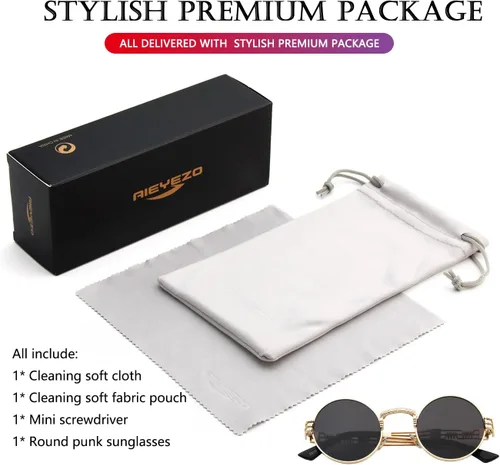 Vista 7 de AIEYEZO Round Steampunk Sunglasses for Men Women Retro Circle Hippie Glasses Metal Frame 100% UV Blocking Lens