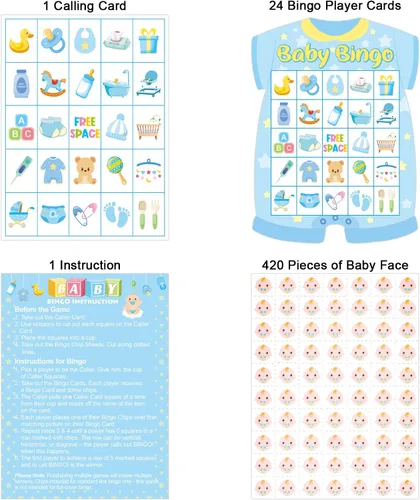 Vista 2 de Tarjetas de bingo para baby shower, 24 invitados, color azul, para recién nacidos, suministros de fiesta de baby shower