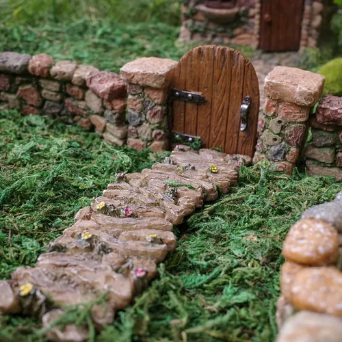 Vista 4 de Adorno de casa de muñecas en miniatura para jardín de hadas, camino de piedra de flores