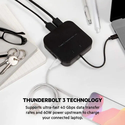 Vista 3 de Belkin Thunderbolt 3 Dock Core con cable Thunderbolt 3 - Hub USB C - Estación de acoplamiento 7 en 1 para Mac y Windows, carga ascendente de 60 W