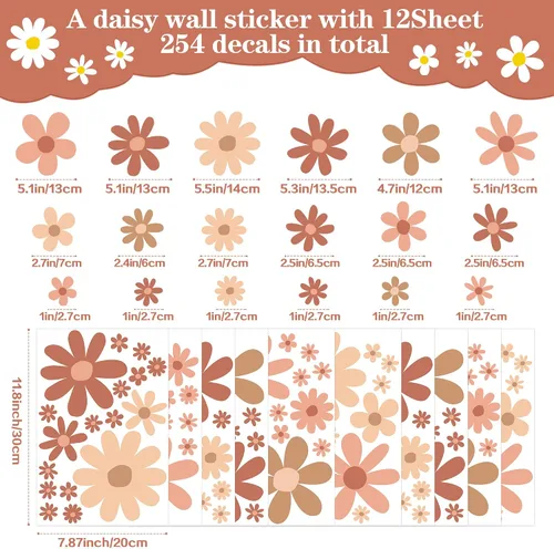 Vista 2 de 12 Hojas de Calcomanías de Margaritas para Pared, Adhesivos de Flores de Estilo Boho, Pegatinas de Pared Lindas para Niñas, Decoración