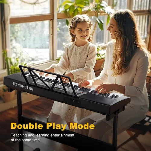 Vista 8 de Teclado de piano de 61 teclas, piano eléctrico con teclas iluminadas, 255 tonos/ritmos, sistema de aprendizaje inteligente, auriculares, micrófono